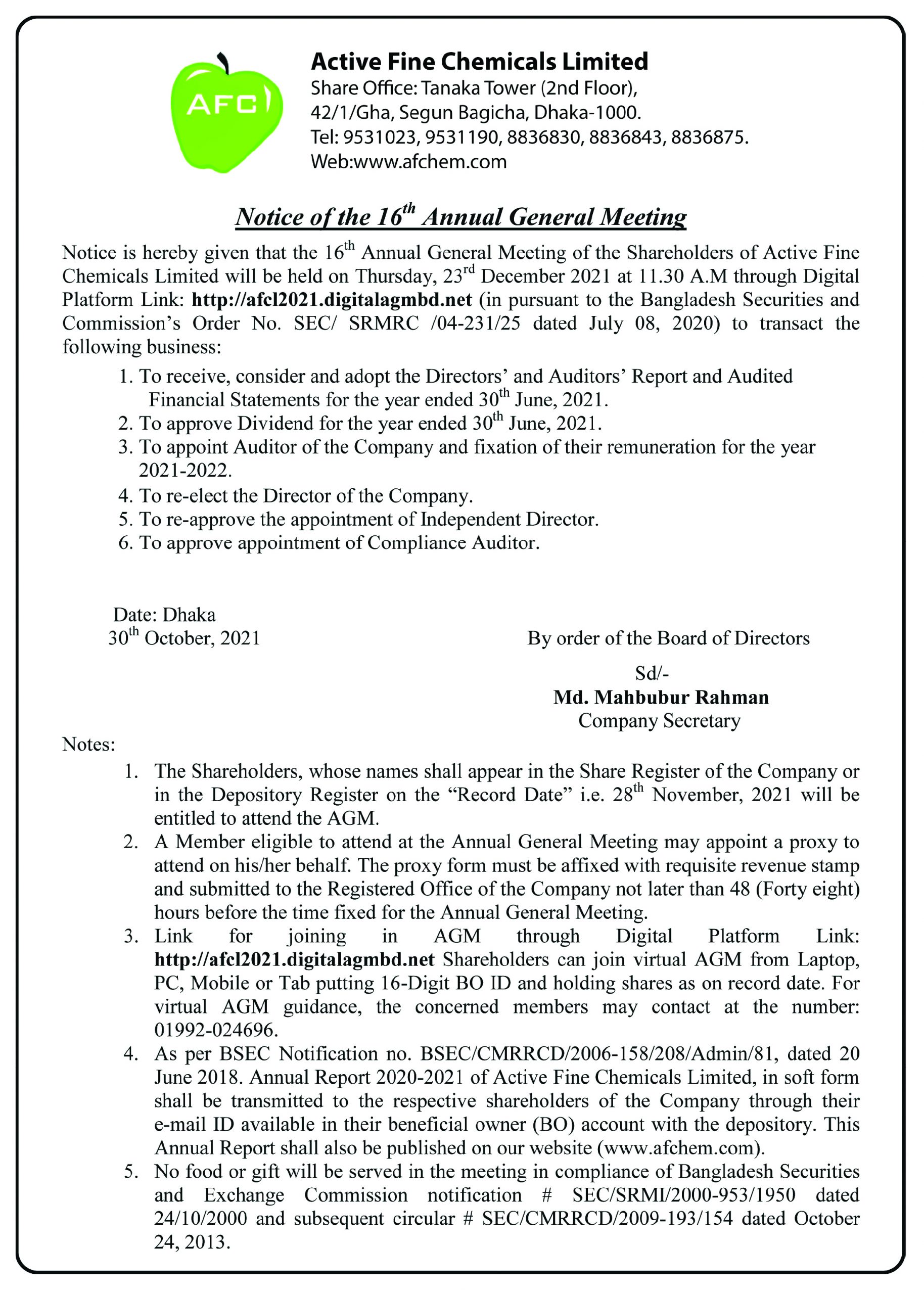Notice of The 16th Annual General Meeting on Active Fine Chemicals Limited 
