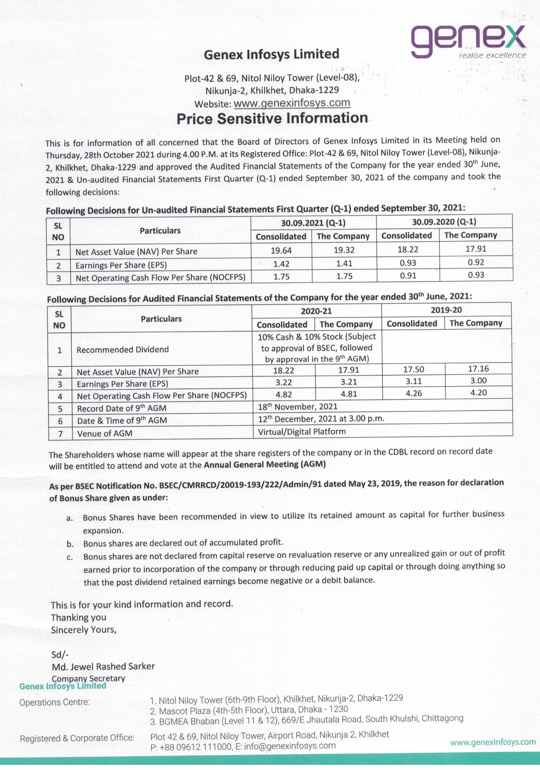 Price Sensitive Information of Genex Infosys Limited