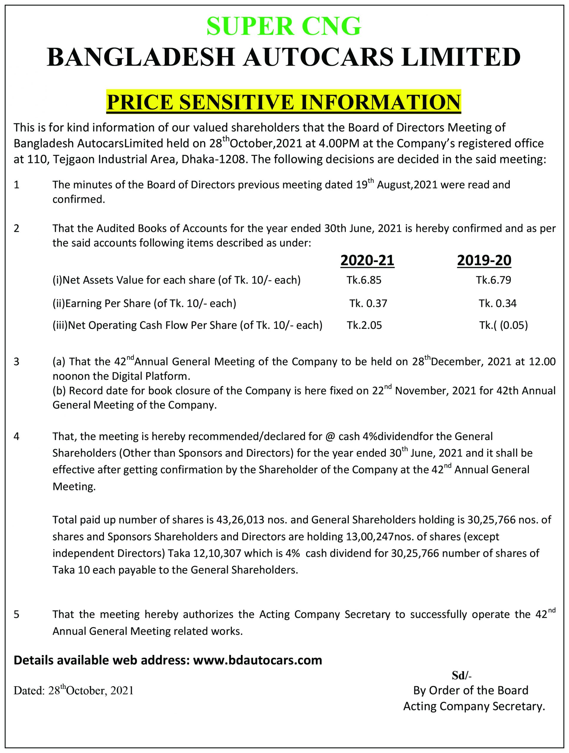 Price Sensitive Information of Bangladesh Autocars Limited