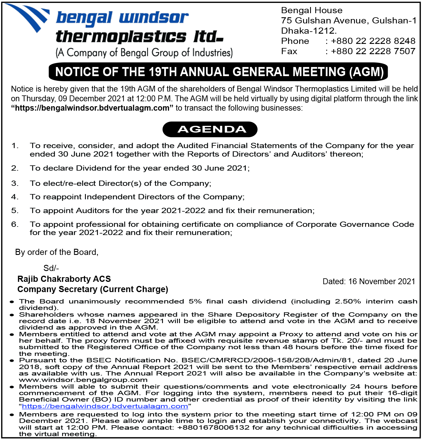 Notice of 19th AGM of Bengal Windsor Thermoplastics Limited