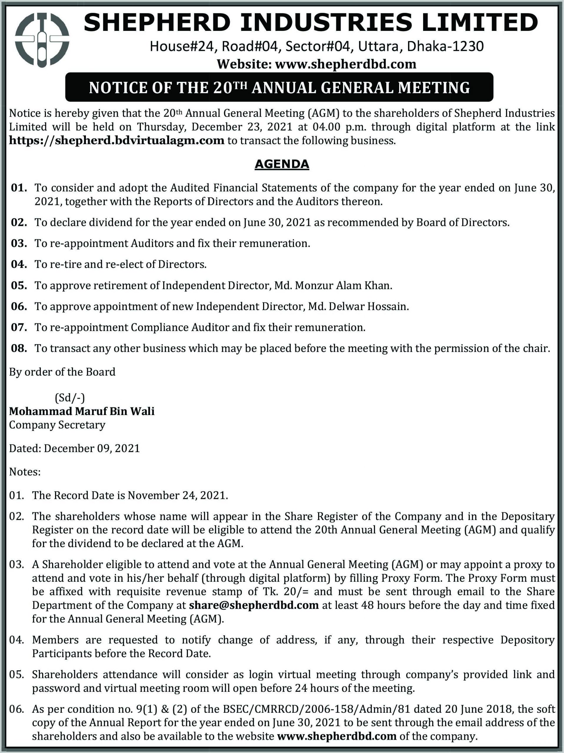 Notice of The 20th Annual General Meeting (AGM) on Shepherd Industries Limited